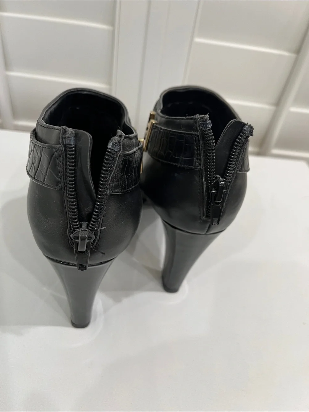 East 5th Black Croc-Trim Ankle Booties with Gold Hardware